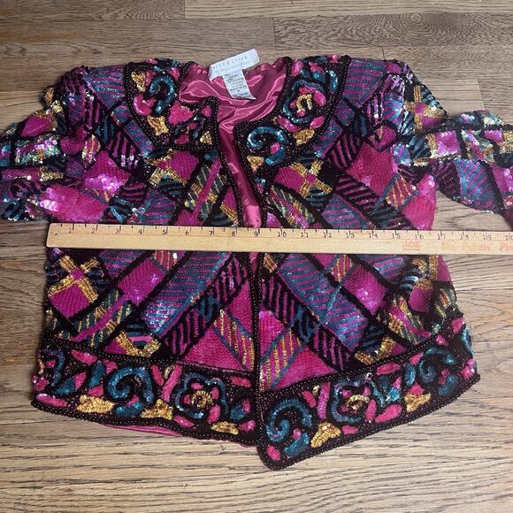Vintage Niteline Sequin Blazer Silk Jacket Pink Party Evening 90s Womens Medium - Picture 16 of 16